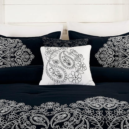 Chezmoi Collection Linz 7-Piece Black/White Paisley Floral Scroll Embroidered Comforter Set, Queen