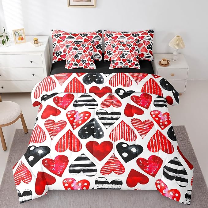 Feelyou Valentine's Day 7 Piece Bedding Set Full Size Red Black Heart-Shaped Comforter Set with Sheets for Adult Polka Dot Bed in a Bag Romantic Bed Set
