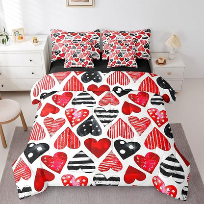 Feelyou Valentine's Day 7 Piece Bedding Set Full Size Red Black Heart-Shaped Comforter Set with Sheets for Adult Polka Dot Bed in a Bag Romantic Bed Set