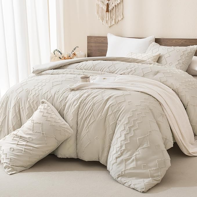 Andency Beige Tufted Comforter Set Full(79x90Inch), 3 Pieces(1 Boho Comforter, 2 Pillowcases) Textured Farmhouse Bed, Soft Microfiber Down Alternative Geometric Bedding Set