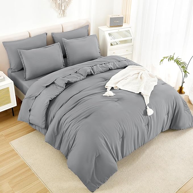 Litanika Queen Comforter Set Medium Gray - 7 Pieces Bed in a Bag Queen Bedding Comforter Sets, Solid Lightweight Bed Set with Comforter, Sheets, Pillowcases & Shams
