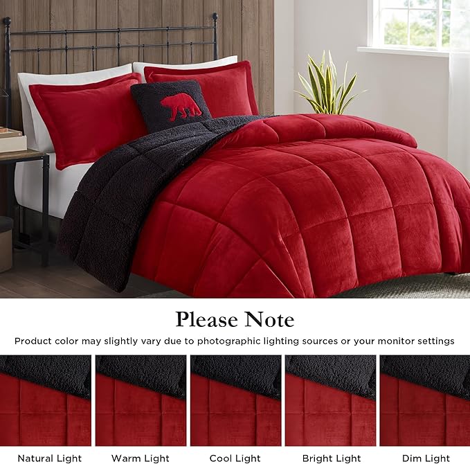 Woolrich Reversible Comforter Set Ultra Soft Plush to Sherpa, Down Alternative, Cold Weather Winter Warm Bedding, with Matching Sham, Decorative Pillow Red/Black Full/Queen 4 Piece