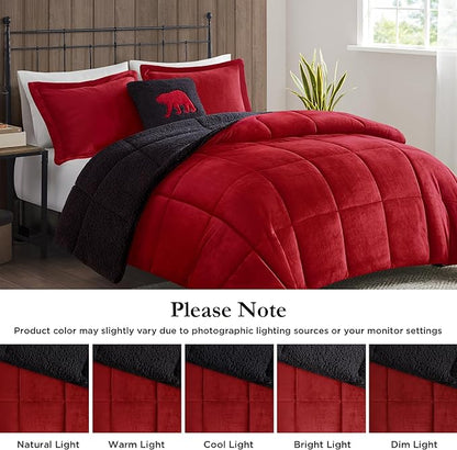 Woolrich Reversible Comforter Set Ultra Soft Plush to Sherpa, Down Alternative, Cold Weather Winter Warm Bedding, with Matching Sham, Decorative Pillow Red/Black King 3 Piece