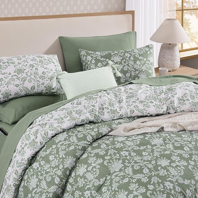 Queen Comforter Set -7 Pieces Floral Grey Green Comforter Set for All Seasons, Bed in a Bag Queen with Botanical Flowers Comforter, Sheets, Pillowcases & Shams