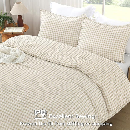 Andency Beige Gingham Comforter Set Queen(90x90Inch), Cream Checkered Grid Plaid Buffalo Bed Set for Girls Boys Kids Teens, 3 Pieces Lightweight Microfiber Geometric Preppy Bedding