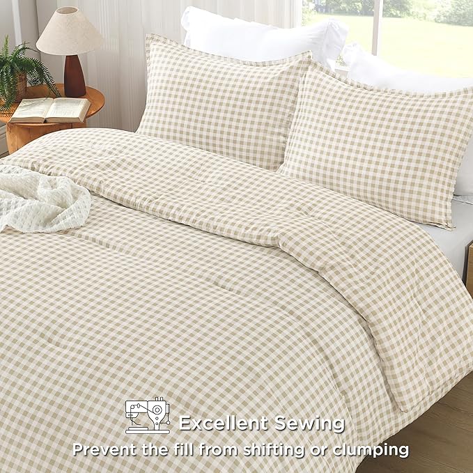 Andency Beige Gingham Comforter Set Full(79x90Inch), Cream Checkered Grid Plaid Buffalo Bed Set for Girls Boys Kids Teens, 3 Pieces Lightweight Microfiber Geometric Preppy Bedding
