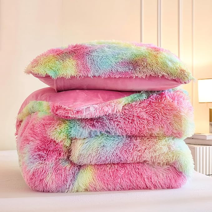 Andency Faux Fur Tie-Dyed Rainbow Comforter King Size, 3 Pieces Fluffy Fuzzy Plush Bedding Comforter Set (1 Shaggy Velvet Comforter & 2 Pillowcases), Soft Puffy Comfy Down Comforter Bedding Set