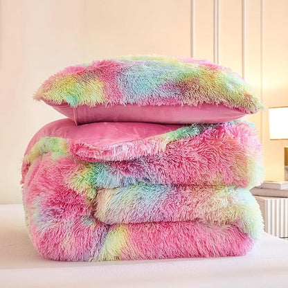 Andency Faux Fur Tie-Dyed Rainbow Comforter King Size, 3 Pieces Fluffy Fuzzy Plush Bedding Comforter Set (1 Shaggy Velvet Comforter & 2 Pillowcases), Soft Puffy Comfy Down Comforter Bedding Set