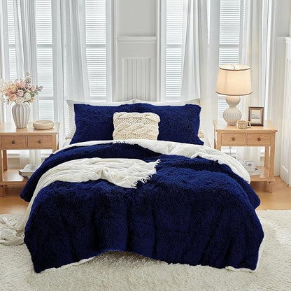 UOZZI BEDDING Navy Faux Fur Comforter Set Twin 3 Pieces - 1 Shaggy Comforter with 2 Pillowcases - Ultra Soft and Easy Care Luxury Plush Warm Winter Fluffy Fleece Duvet Set