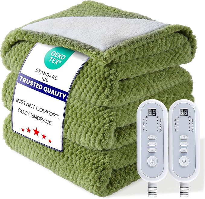 Queen Size Heated Electric Blanket, 84" x 90" Fast Heating Sherpa Blanket with Dual Control, 8 Heating Levels & 10 Hours Auto Off, Machine Washable with ETL & FCC Certified, Green