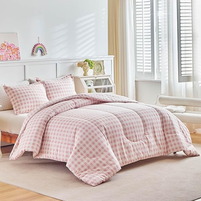 Joyreap 3pcs Cotton Comforter Set King, Pink Grid Gingham Check Design for Girls, Soft Cozy Lightweight Bedding Comforter Set for All Seasons- 100x88 inches