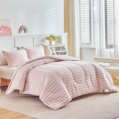 Joyreap 3pcs Cotton Comforter Set Queen, Pink Grid Gingham Check Design for Girls, Soft Cozy Lightweight Bedding Comforter Set for All Seasons- 88x88 inches