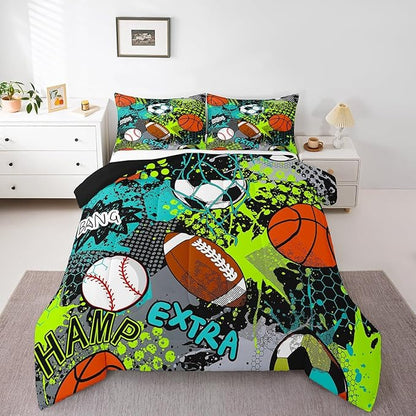 Feelyou Baseball Games Comforter Set Full Size Football Comforter for Boys Girls Teens Rugby Sports Bedding Set Basketball Duvet Set Room Decor Teal Bright Green Mixed Ball Quilt Set
