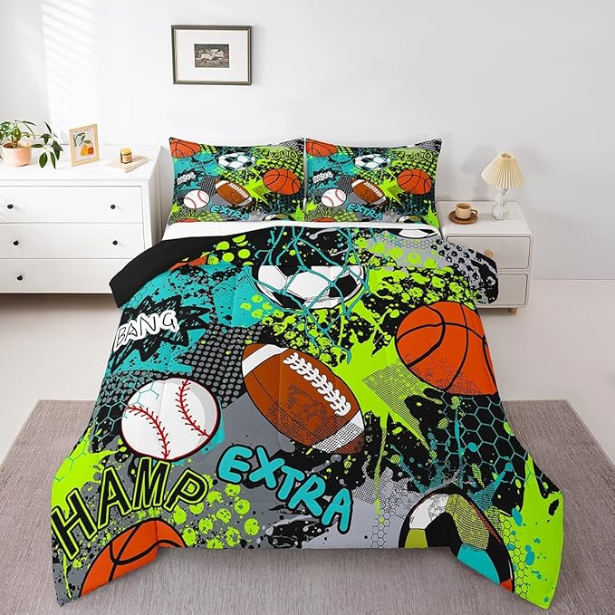 Feelyou Baseball Games Comforter Set Queen Size Football Comforter for Boys Girls Teens Rugby Sports Bedding Set Basketball Duvet Set Room Decor Teal Bright Green Mixed Ball Quilt Set