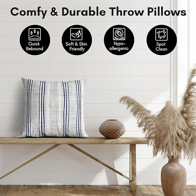 Americanflat 18x18 Throw Pillow with Sewn-in Insert - All-in-One Decorative Pillows - No Cover Needed - Soft and Durable Cushion for Bed or Sofa - Polyester - Navy Blue and White