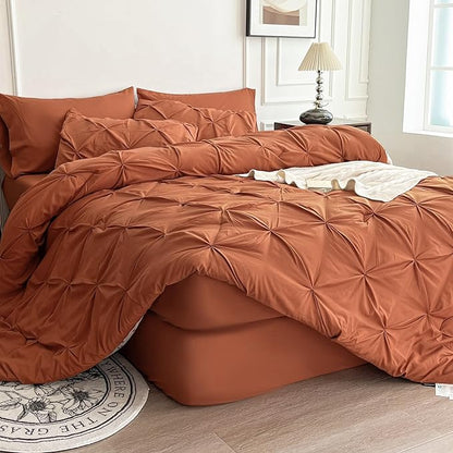 Maple&Stone Full Size Comforter Sets, 7 Pieces Bedding Sets Full, Pintuck Bed in a Bag Bed Set with Comforter, Sheets, Pillowcases & Shams - Burnt Orange