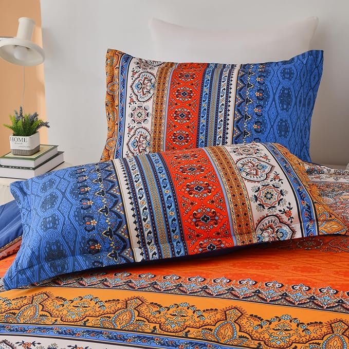 Goodidea Boho Comforter Queen Size, 3 Piece Blue Orange Bohemian Striped Western Comforter Set, Ultra Soft Lightweight Microfiber Boho Hippie Bedding Set with 2 Pillow Shams for All Seasons