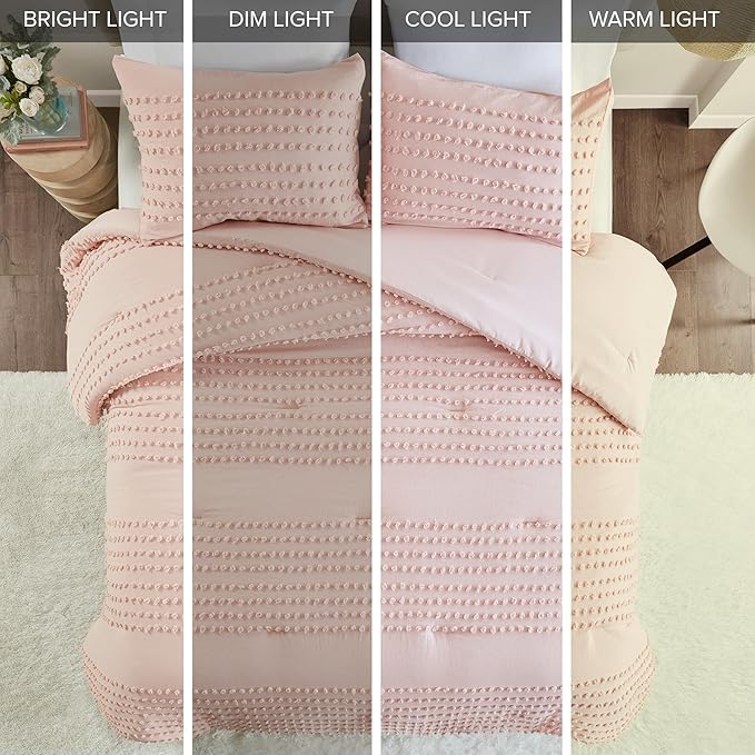 Comfort Spaces Cotton Comforter Set Jacquard Pom-Pom Tufts Design, Down Alternative, All Season Modern Bedding, Matching Shams, Twin/Twin XL, Phillips, Blush