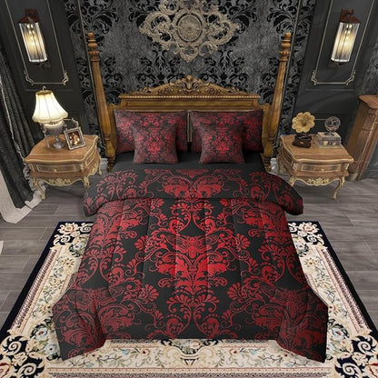 Erosebridal Gothic Damask Bed in a Bag Queen Comforter Set 7 Piece,Exotic Moth Bedding Sets Red Black Victorian Floral Goth Sheet Set with Comforter