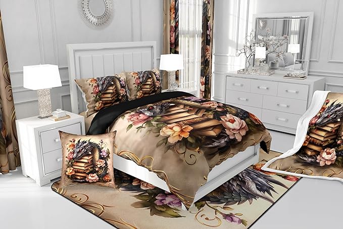 Manfei Black Dragon Comforter Toddler,Vintage Animals Magic Books Quilt Comforter with 1 Pillowcase for All Season Bedroom,Rustic Flowers Botanical Plants Bedding Set Comfortable,Soft and Breathable