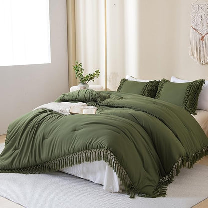 Andency Olive Green Comforter Set King, 3 Pieces Boho Tassel Lightweight Soft Bedding Comforter Sets for King Bed, All Season Fluffy Fringe Bed Set (104x90In Comforter & 2 Pillowcases)
