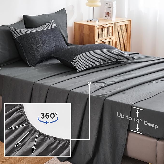 Andency Comforter Set Black White Grey Oversized Queen(98"x98")- 7 Pieces Striped Lightweight Bed in a Bag, Soft Reversible Bedding Set with Comforter, Fitted & Flat Sheet, Pillowcases & Shams