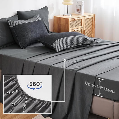 Andency Queen Comforter Set 7 Pieces Bed in a Bag - Black White Grey Striped Lightweight Soft Microfiber All Season Queen Size Bedding Set with Comforter, Fitted & Flat Sheet, Pillowcases & Shams