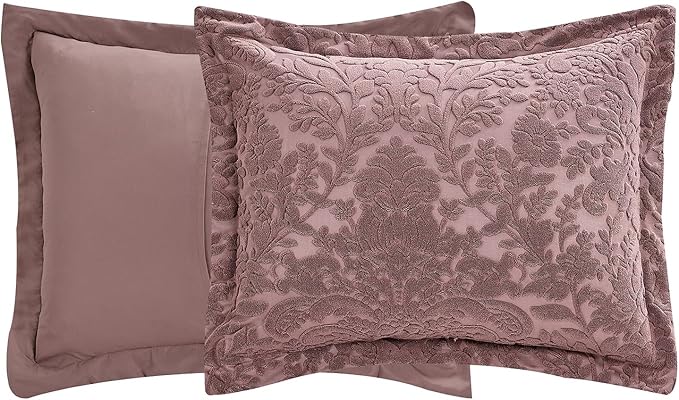 Sunshine Nicole Velvet Jacquard Comforter Set, Velvet Jacquard Face and Brushed Solid Microfiber Reverse, with Light Weight Soft Poly Fill, 3 Pieces Dusty Mauve, Queen