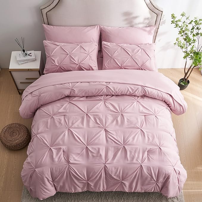 Ubauba 5pc Twin Size Comforter Set with Sheets, Pink Pintuck 5 Piece Bed in a Bag with Comforter, All Season Pinched Bedding Comforters & Sets (Pink,Twin)