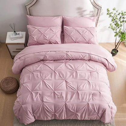 Ubauba 5pc Twin Size Comforter Set with Sheets, Pink Pintuck 5 Piece Bed in a Bag with Comforter, All Season Pinched Bedding Comforters & Sets (Pink,Twin)
