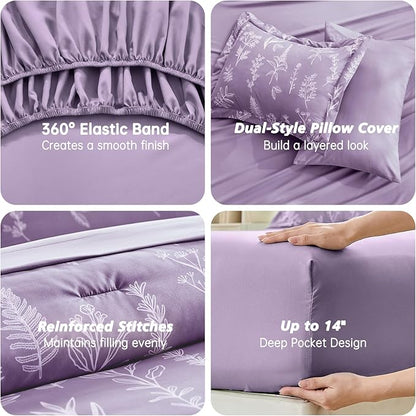 MUXHOMO Grayish Purple Bed in a Bag King 7 Pieces, King Comforter Set Reversible Botanical Flowers Design, Ultra Soft & Breathable Bedding Sets with Comforter, Sheets, Pillowcases & Shams