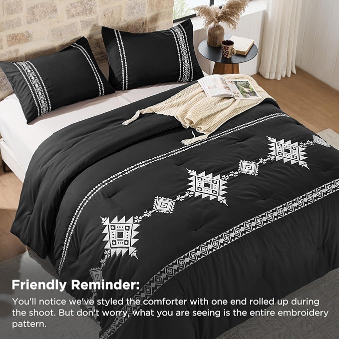 Embroidered Boho Comforter Set Twin Size, 2-Piece Western Shabby Chic Bedding Sets - Fluffy Ultra Soft Microfiber with Intricate Design, Includes Comforter & 1 Pillowcase, Black(68"x88")