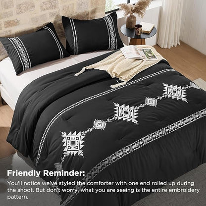 Embroidered Boho Comforter Set Twin Size, 2-Piece Western Shabby Chic Bedding Sets - Fluffy Ultra Soft Microfiber with Intricate Design, Includes Comforter & 1 Pillowcase, Black(68"x88")