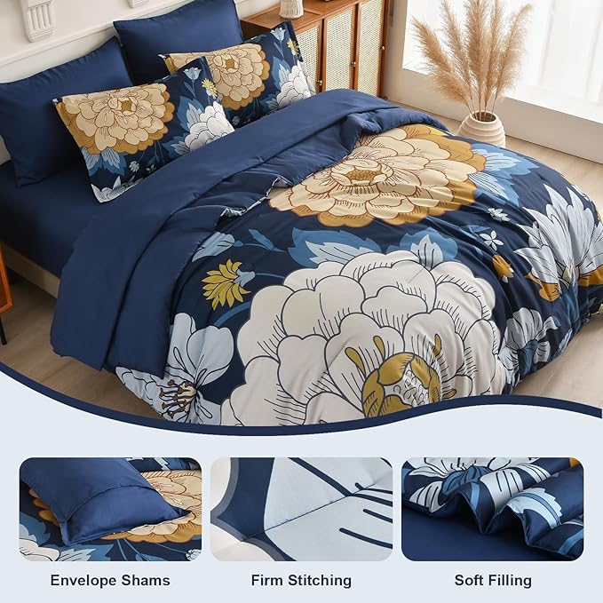 DJY Floral Comforter Set Queen Size Navy Blue Bed in a Bag 7 Pieces Botanical Boho Comforter with Sheet Set, Soft Microfiber Farmhouse Bedding Set for All Season (Navy, 90''x90'')