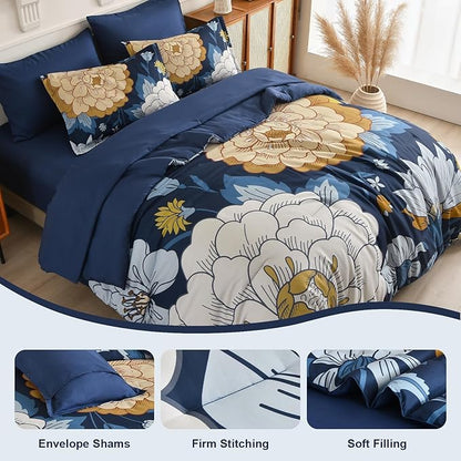 DJY Floral Comforter Set Queen Size Navy Blue Bed in a Bag 7 Pieces Botanical Boho Comforter with Sheet Set, Soft Microfiber Farmhouse Bedding Set for All Season (Navy, 90''x90'')