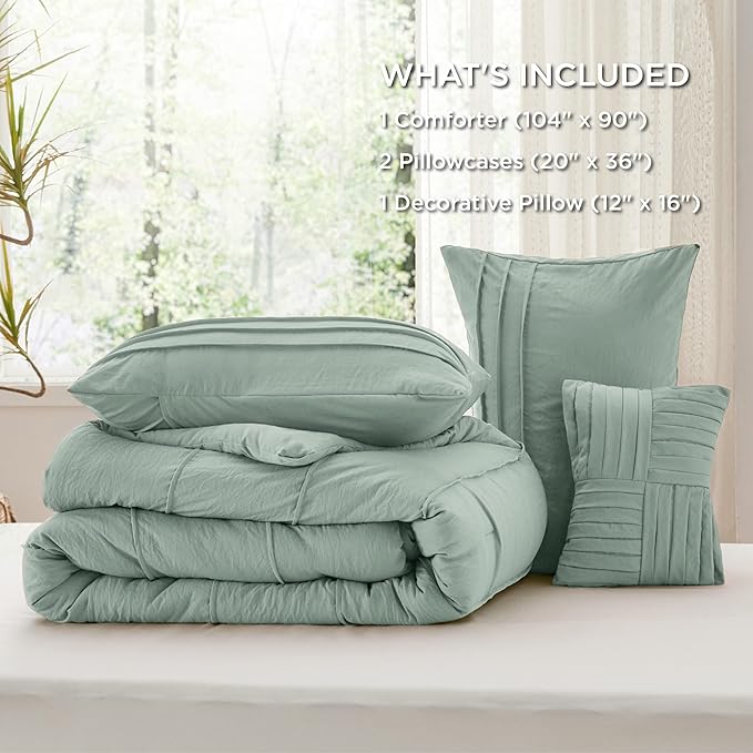 Bedsure King Comforter Set - 4 Pieces Pinch Pleat Bed Set, Sage Green Boho Bedding for All Season, 1 Soft Comforter, 2 Pillowcases, 1 Decorative Pillow