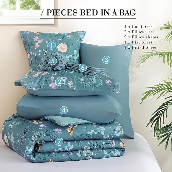 Yiran Queen Comforter Set, 7 Pieces Mineral Blue Floral Soft Bedding Sets, Queen Bed in a Bag with Botanical Flowers All Season Comforter, Sheets, Pillowcases & Shams