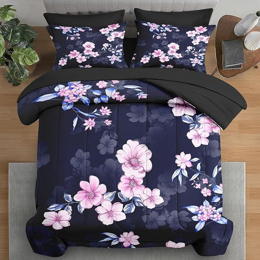 Comforter Set King Size, Navy Blue Pink Flower 7 Pcs Bedding for Kids and Adults, Floral Summer Vintage Bed Sheet Sets with Fitted Sheet 2 Pillowcases & 2 Shams for Bedroom Bed Decor