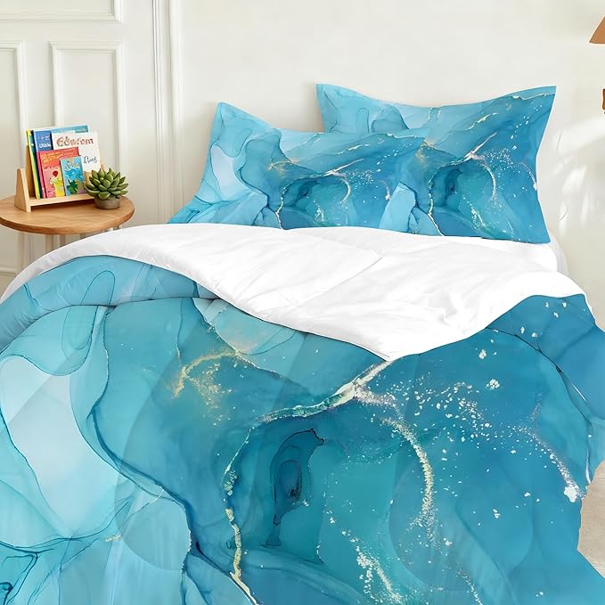 Blue Marble Comforter Set Kids Boys Girls Comforter Set Full Blue and Gold Marble Bedding Set for Men Women Bedroom Decor Abstract Bed Set with 1 Comforter & 2 Pillow Cases