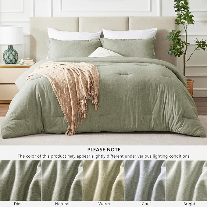 CozyLux Queen Size Comforter Set - 3 Pieces Olive Green Soft Luxury Cationic Dyeing Bedding Comforter for All Season, Breathable Lightweight Fluffy Boho Bed Sets with 1 Comforter and 2 Pillow Shams