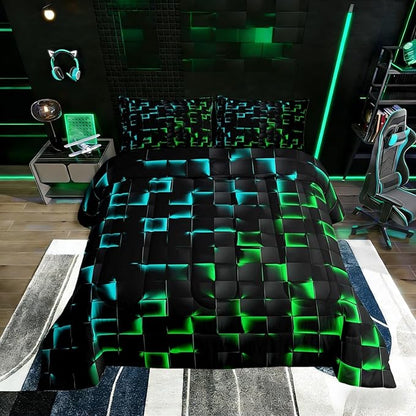 Erosebridal Geometric Checkered Boys Bedding Set Toddler Size Neon Teal Green Comforter Set for Kids Teen Men Gamer Room Decor,Abstract Ombre Plaid Comforter Grids Quilt Duvet Black
