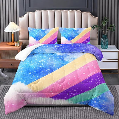 3 Piece Rainbow Twin Size Comforter Set for Teen Girls Adults,Stars Soft Bedding Sets All Season,Blue Space Quilt Set Season Alternative Down Bedding with 2 Pillowcase