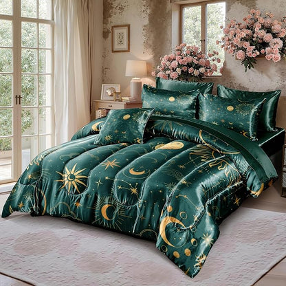 Sun and Moon Comforter Set Blue Green Satin Bedding Queen Stars Cloud Galaxy Comforter Mysterious Celestial Theme Silk Like Silky Bed in A Bag with Comforter and Sheets