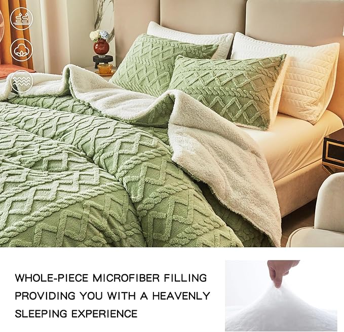 Joyreap 3-Piece Fluffy Faux Fur Sherpa Comforter Set Green, Queen Size Luxury Tufted Bedding Comforter Set, All Season Soft n Cozy Plush Comforter Bed Set- 88x88 inches