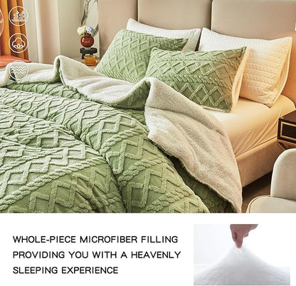 Joyreap 3-Piece Fluffy Faux Fur Sherpa Comforter Set Green, Queen Size Luxury Tufted Bedding Comforter Set, All Season Soft n Cozy Plush Comforter Bed Set- 88x88 inches
