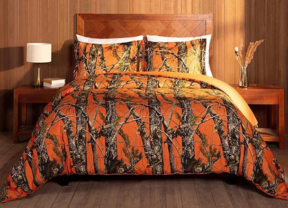Chezmoi Collection Salem 3-Piece Cabin Lodge Forest Woods Comforter Set - Nature Camo Tree Leaves Printed Soft Microfiber Bedding - Orange, Queen