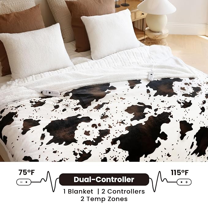 Cow Print Heated Electric Blanket King Size-Dual Control Heating Blanket King Size with 10 Heat Levels & 10 Hours Auto-Off, Cozy Soft Fleece Sherpa, Washable, 90x100 Inches Cow Print White