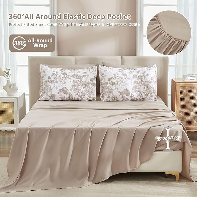 DJY Khaki Comforter Set Full Size,7 Pieces Bed in a Bag Botanical Comforters with Sheets Elegant Plants Print Soft Microfiber Reversible Complete Bedding Sets for All Season