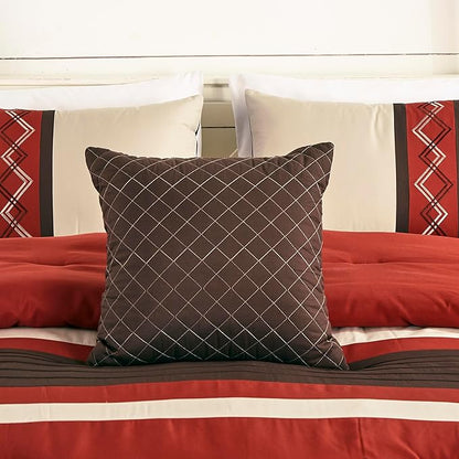 Chezmoi Collection Arden 7-Piece Modern Pleated Stripe Embroidered Zigzag Bedding Comforter Set (Full, Spice/Brown/Coffee Cream)