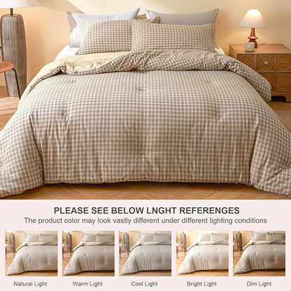 100% Cotton Comforter Set Full Size – Reversible Yarn-Dyed Checkered Design, Soft Washed Cotton on Both Sides, Lightweight All-Season Bedding, Machine Washable(Beige Plaid, 80”x90”)